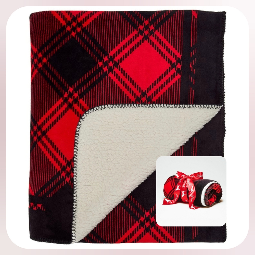 NWT VS Pink Cozy Plaid Sherpa Blanket Limited Edition Holiday